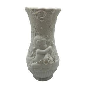 Vintage Precious Moments Matte White 3D Raised Vase Iridescent Angel Baby Decor